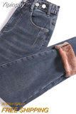 Yipinpay Winter Velvet Thick Warm Mom Jeans High Waist Denim Harem Pants Loose Korean Casual
