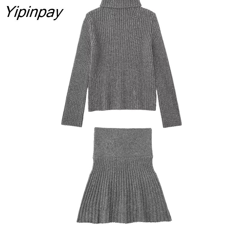Yipinpay 2023 Sweet Women Solid Knitted Skirt Sets Turtleneck Tops+Mini A-Line Skirts Sets Long Sleeve Loose Casual Sweaters