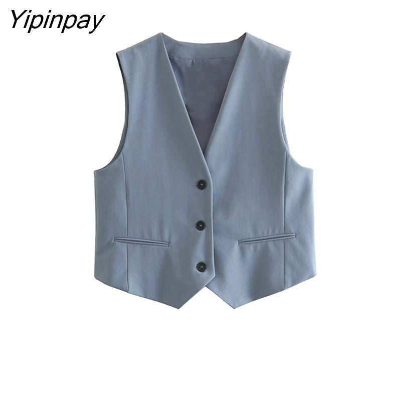 Yipinpay Women Fashion Spring Blazer Vest Pants Sets 2023 Casual Single Breasted Vest Top High Waist Zipper Wide Leg Pants Outwear
