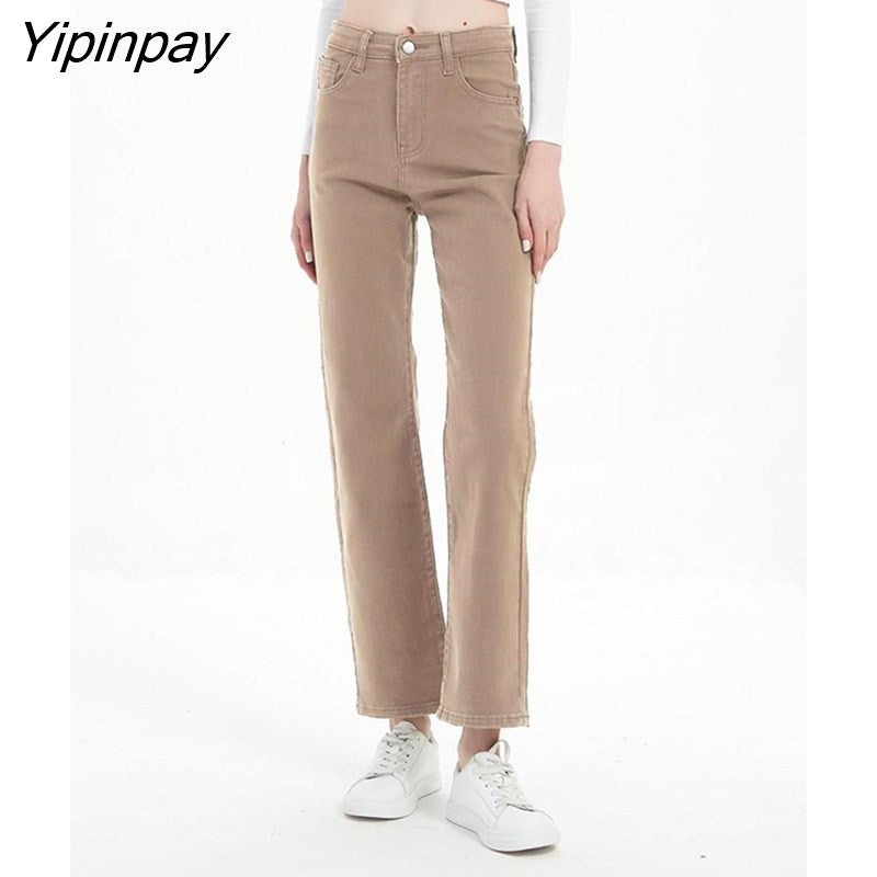 Yipinpay Brown Vintage Baggy Jeans Women 2023 Spring Casual Streetwear Wash Elastic Denim Striaght Jeans Ladies Pants