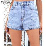 Yipinpay Blue Distressed Ripped Denim Shorts Women Bottoms Streetwear With Pockets Summer Washed High Waist Sexy Hole Jean Shorts