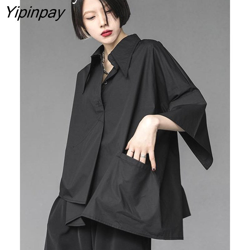 Yipinpay 2023 Summer New Half Sleeve Oversize Gothic Shirt Women Y2K Asymmetrical Black Button Ladies Blouse Street Clothing Tops