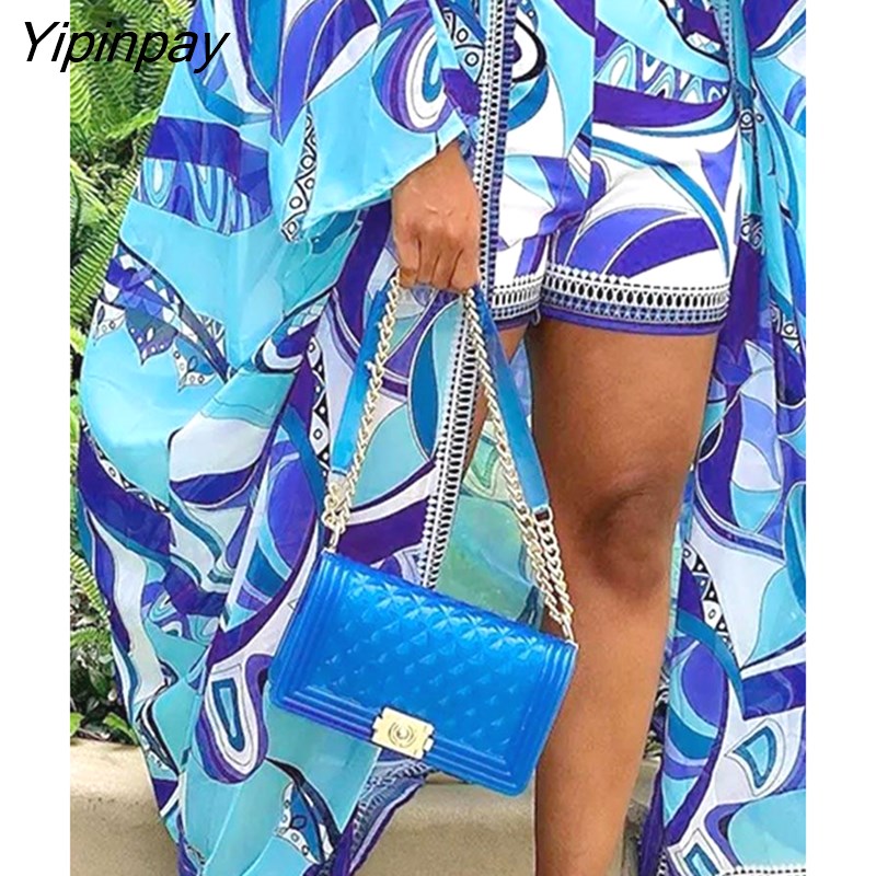 Yipinpay Women Two Piece Set Short Suits Super-long Top And Shorts Outfits Ladies Summer Long Sleeve Print Loose Beach Casual Sets