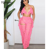 Yipinpay Summer Tassel Feather Women 2 Sets Sexy V Neck Bra Top And Hollow Out Pants Set Female Fashion Beach Party Outfits