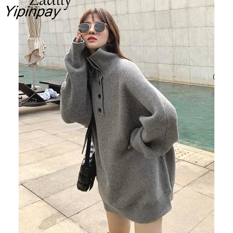 Yipinpay 2023 Winter Korean Style Long Sleeve Knit Sweater Women Minimalist Turleneck Button Ladies Pullover Female Clothing Tops