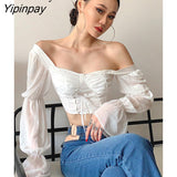 Yipinpay 2023 Summer Sexy Long Lantern Sleeve Women corset Crop tops Blouse Bandage Chiffon White Shirt Female Party Clothing