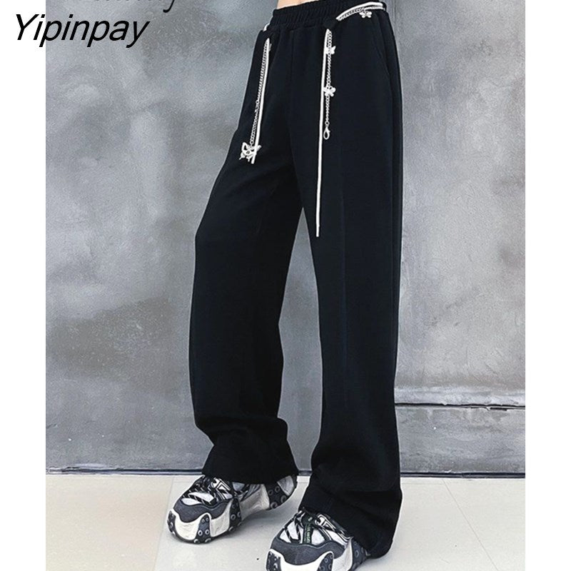 Yipinpay 2023 Autumn Wide Leg Bandage Women Full Pants Streetwear Chain Loose High Wasit Ladies Pants Female Black Trousers