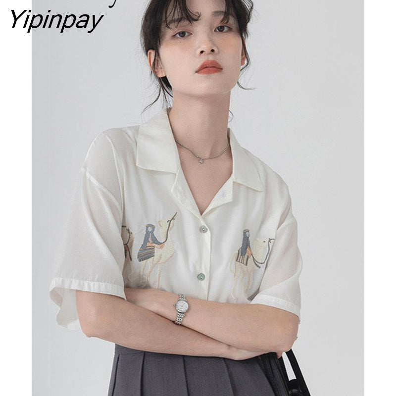 Yipinpay 2023 Summer Vintage Short Sleeve White Shirt Women Embroidery Button Up Ladies Blouse Casual Fashion Female Clothing Tops