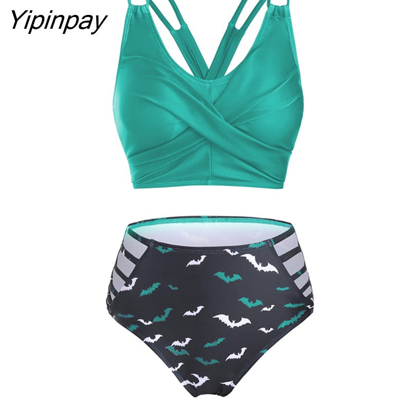 Yipinpay Crescent Mesh Lace-Up Padded Bikini Set Women Fashion Summer Tankini Swimsuit Two Pieces Bathing Suit Beachwear
