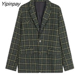 Yipinpay Vintage Women Chic Office Lady Single Breasted Plaid Blazer Coat 2023 Winter Notched Collar Long Sleeve Outerwear Tops