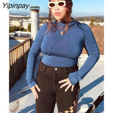 Yipinpay Half Turtleneck Bright Line Two Piece Suit For Women Sexy Long Sleeve Crop Top Skirt Sets 2023 Female Basic Tee Outfits