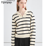 Yipinpay 2023 Winter Office Lady Long Sleeve Striped Knit Sweaters Women Korea Style Zipper Turn Down Collar Pullovers Female Tops