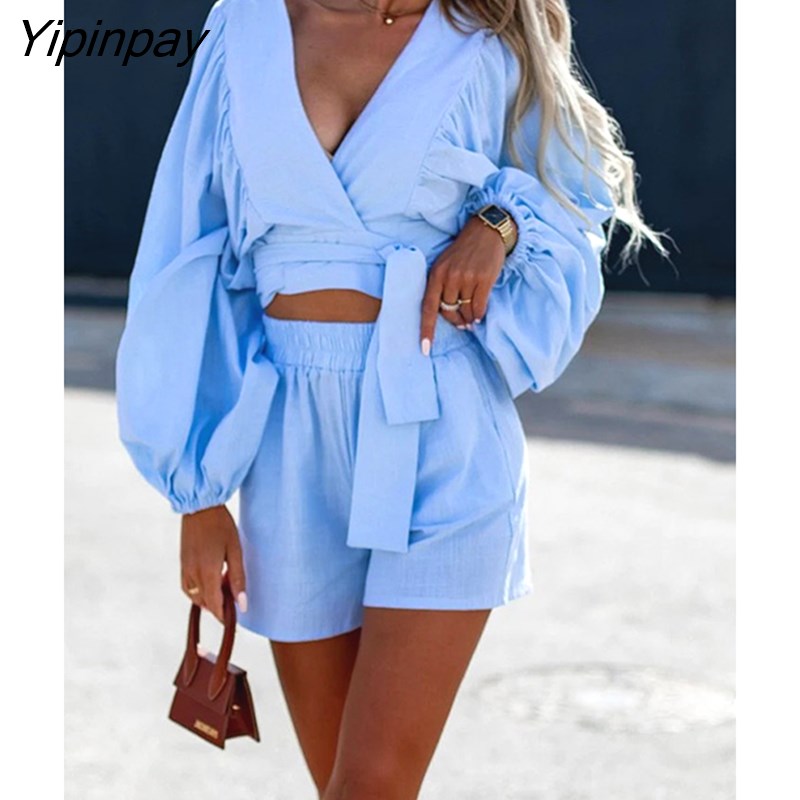 Yipinpay Women Casual Loose V Neck Crop Top And Straight Shorts Two Piece Set Female Solid Lace Up Long Sleeve Shirts Tops And Shorts Set