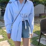 Yipinpay Spring Korea style Oversize Women Tunic Shirt Turn-Down Collar Full Sleeve Solid Long Ladies Shirts Chic Button Female Tops