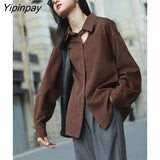 Yipinpay Spring Office Lady Long Sleeve Corduroy Thick Women Shirt Korean Style Hollow Out Button Up Blouse Female Work Clothes Tops