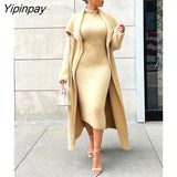 Yipinpay Women's Flannel Velvet Bodycon Midi Dress Long Cardigan Coat Matching Set Vintage Open Stitch Lapel Collar Long Sleeve Cardigan