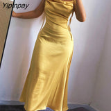 Yipinpay Yellow Satin Ruched Midi Dress Women High Waist 2023 Summer Spaghetti Strap Robe Backless Drawstring Party Sexy Dresses