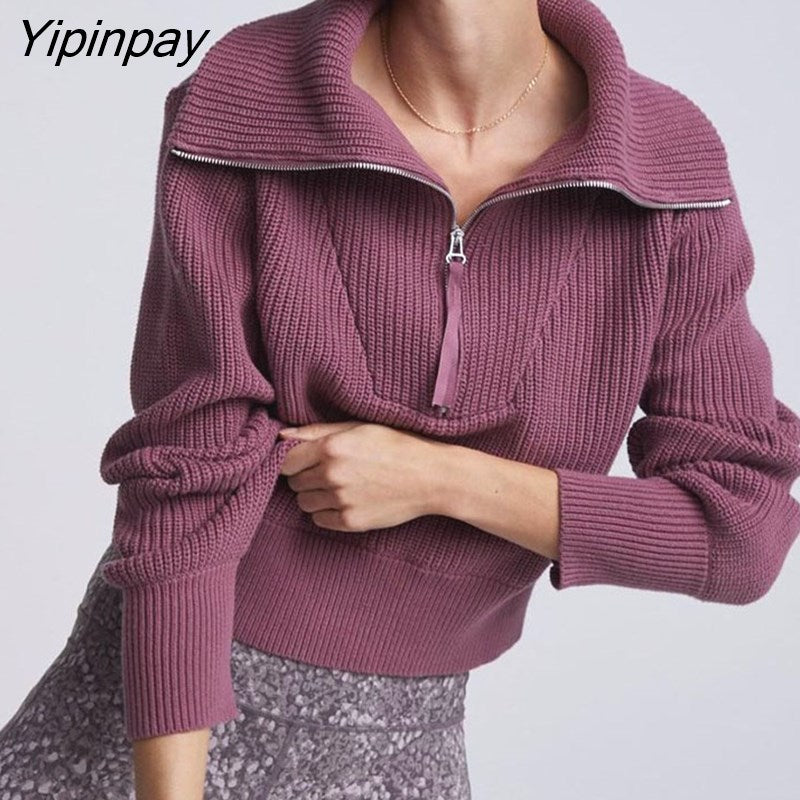 Yipinpay Women Baggy Sweater Zip Up Loose Pullovers Warm Knitted Tops Female Jumpers Autumn Winter Streetwear Khaki Thick Knit Sweaters