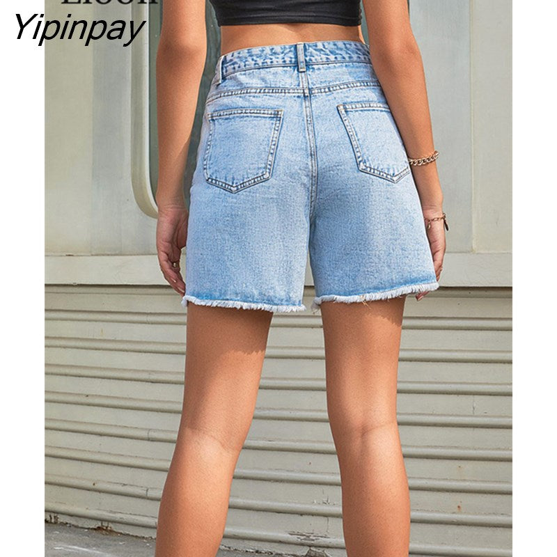 Yipinpay Tassel Ripped Straight Jean Short Women High Waist Bottoms Streetwear With Pockets Distressed Sexy Hole Denim Shorts