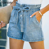 Yipinpay Blue Cotton Button Up Stretch Denim Shorts Women High Waist Streetwear With Pockets Drawstring Sexy Skinny Jean Shorts