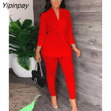 Yipinpay Women Casual Drawstring Blazer Two Piece Suit Female V Neck Lace Up Coat Pencil Pants Two Piece Set 2023 Elegant Office Outfits