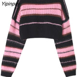 Yipinpay 2023 Winter Y2K Striped Long Sleeve Sweater Women Sexy Loose O Neck Knit Ladies Crop Top Pullover Autumn Female Clothing