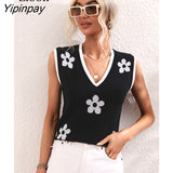 Yipinpay Women Knitted Vest Floral Top Sexy Mujer Streetwear Summer 2023 New In Knitwears Sleeveless V Neck Black Knit Tank Tops