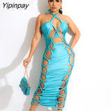 Yipinpay Solid Roped Sleeveless Hollow Lace Up Dress Women Pleated Halter Skinny Skirts Female Summer Backless Bodycon Smocked Skirt