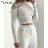 Yipinpay Black White Knit T Shirt Women Ribbed Crop Top Long Sleeve O Neck Basic Tees Short Tshirt Streetwear Sexy Bodycon Tops