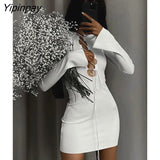 Yipinpay Women's Solid Flared Sleeve Y2K Ribbed Knitted Mini Dresses Female Sexy Hollow Out Slim Dresses Fashion High Street Robe