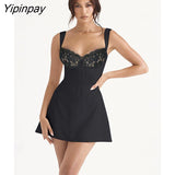 Yipinpay Women Lace Splicing Spaghetti Strap Dress Sexy Elegant Backless Strapless Solid Mini A-line Dresses 2023 Summer Club Party Robe