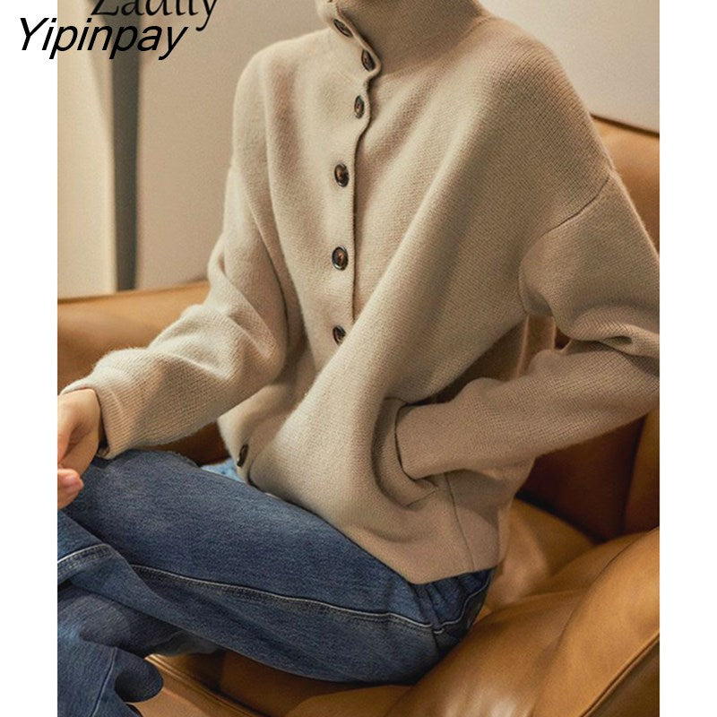 Yipinpay 2023 Winter Causal Button Up Sweater Women Long Sleeve Korean Style Turtleneck Knit Ladies Cardigan Female Clothing Coat