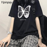 Yipinpay Cartoon butterfly Print plus Loose Black Women T shirt Clothing short sleeve tops punk dropshipping vintage product