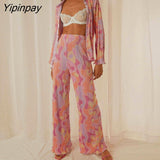 Yipinpay Pleated Printed Suit Women Long Sleeve V Neck Blouse And High Waist Pants Two Piece Sets Female Elegant Trousers Outfits