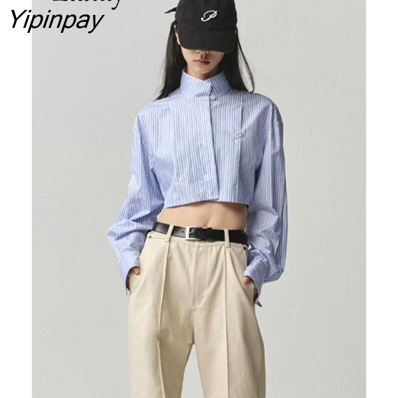 Yipinpay 2023 Spring Streetwear Long Sleeve Cotton Striped Shirt Women Button Stand Neck Ladies Crop Tops Female Clothing Blouse