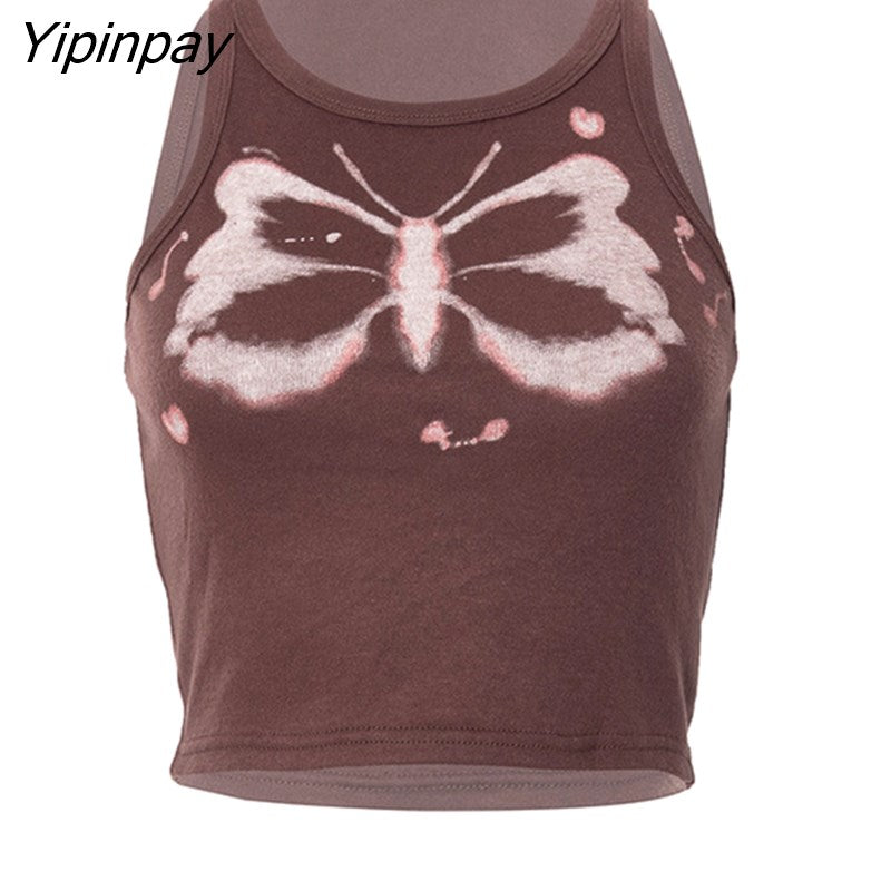 Yipinpay Aesthetics Butterfly Print Brown Crop Tops Indie Streetwear O-neck Sleeveless Tank Tops 90s Fashion Summer Vests