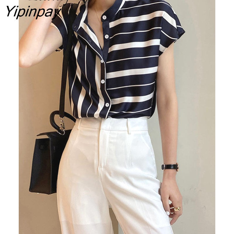 Yipinpay 2023 Summer Striped Short Sleeve Chiffon Shirt Women Office Lady Button Loose Ladies Blouse Work Female Clothing Tops