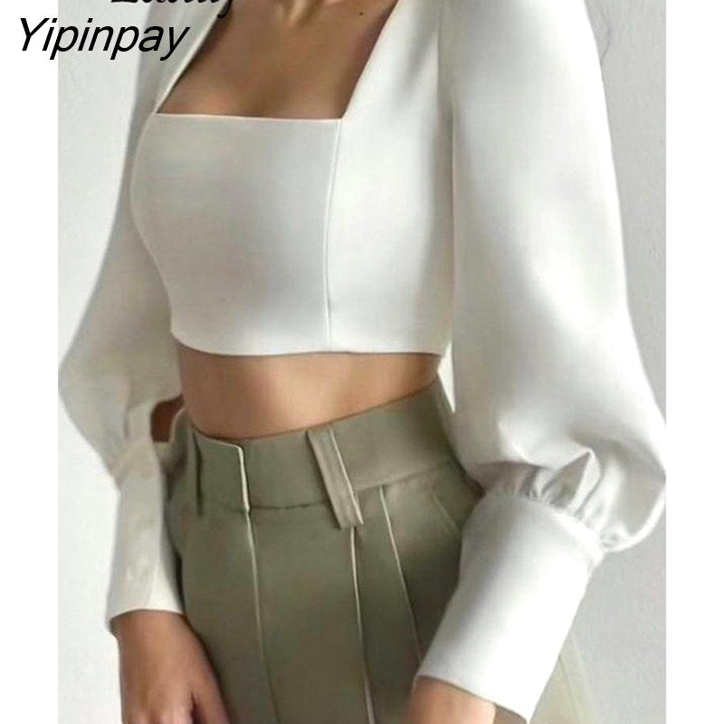 Yipinpay 2023 Autumn Puff Long Sleeve White Blouse Women Sexy Square Collar Backless Ladies Crop Tops Shirt Party Female Clothing