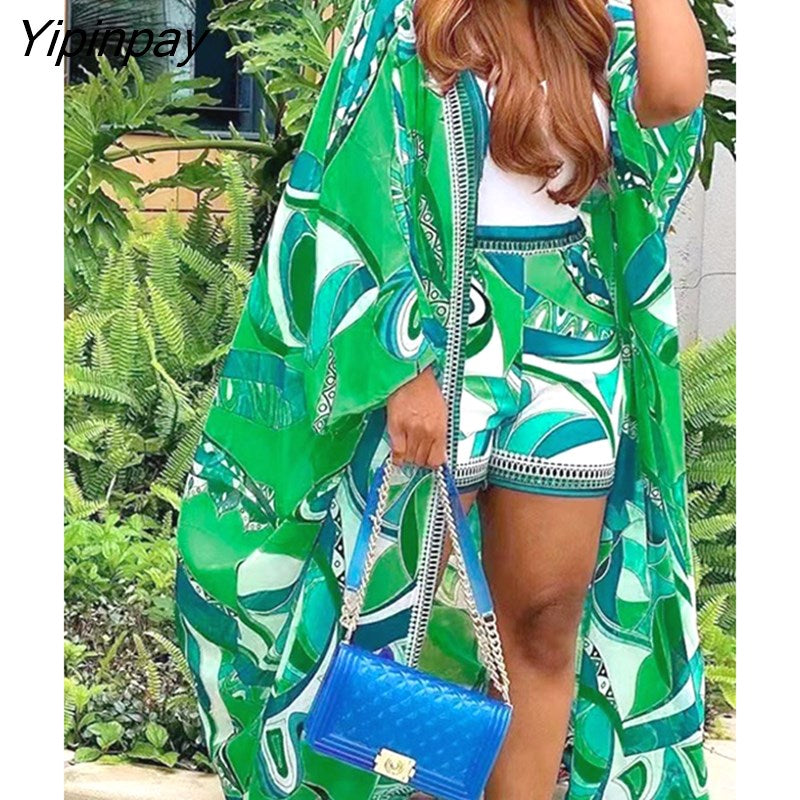 Yipinpay Women Two Piece Set Short Suits Super-long Top And Shorts Outfits Ladies Summer Long Sleeve Print Loose Beach Casual Sets