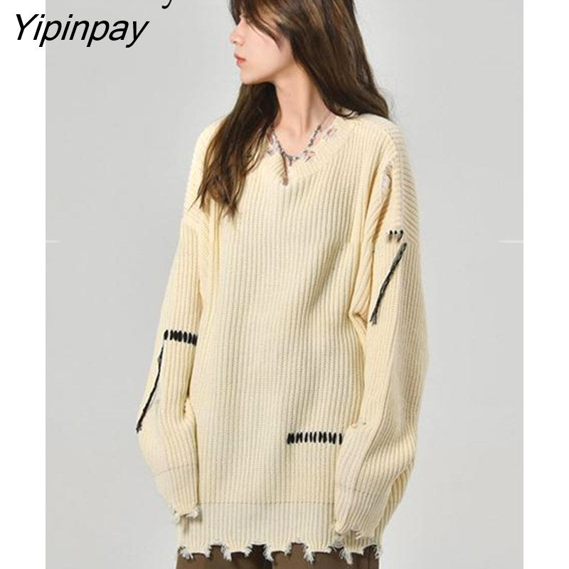Yipinpay 2023 Winter Steetwear Loose Long Sleeve Sweater Women Y2K Frayed O Neck Kint Ladies Pulliver Fall Female Clothing Tops