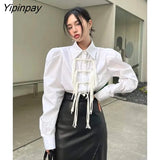 Yipinpay 2023 Autumn Long Puff Sleeve White Shirt Women Office Lady Tassel Button Up Tunic Blouse Work Female Clothing Tops