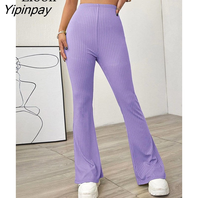 Yipinpay Sexy Knit Flared Leggings Pants Women Black Slacks New In Knitwears High Waist Skinny Trousers Bell Bottoms Summer Pants