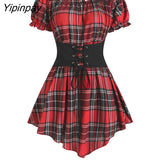 Yipinpay Fashion Croset Style Off The Shoulder Corset Waist Plaid Women Top Fashion Hide Tummy Short Sleeve Tee For Summer