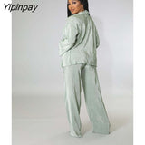 Yipinpay Long Sleeve Shirts With Bra Sets Woman Two Pieces Set Solid Pleated Trouser Suits Female Fashion Straight Pants Outfits