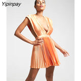 Yipinpay Solid Women Pleated Tank Dress Sexy V Neck High Waist A Line Dresses 2023 Fashion Club Party Sleeveless Cut Out Vestido