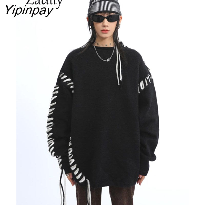 Yipinpay 2023 Winter Korean Style Long Sleeve Black Knit Sweater Women Streetwear O Neck Bandage Ladies Pullover Female Clothing