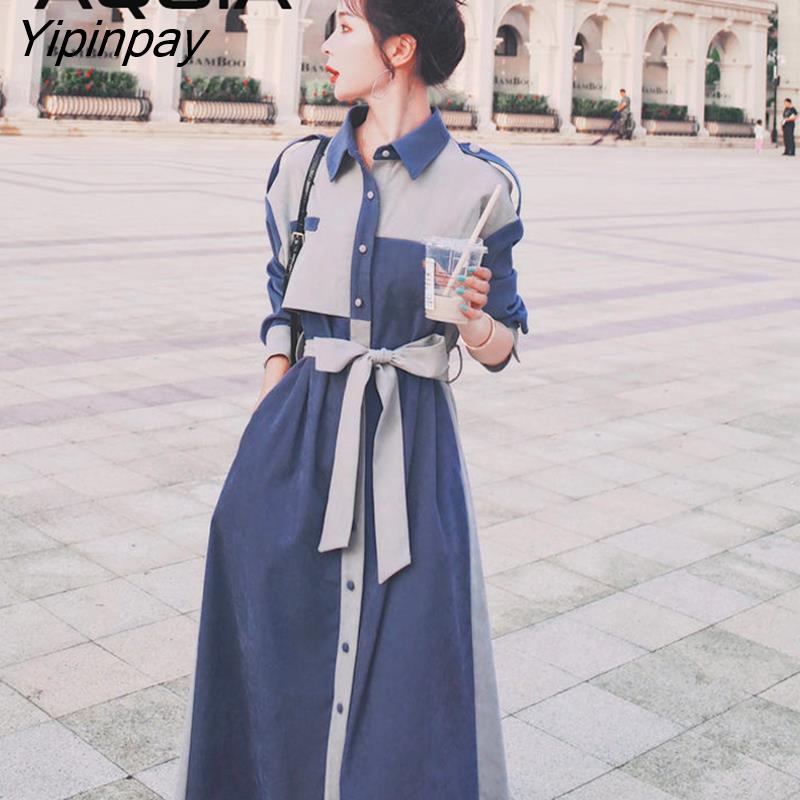 Yipinpay Spring Button Up Women Maxi Dress Streetwear Loose Sashes Long Sleeve Shirt Dresses Patchwork Turn Down Collar Ladies Robe