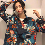 Yipinpay Floral print Long Sleeve Oversize Women Shirt Turn down Collar Button Up Ladies Shirts 2023 Spring Loose Female Clothing
