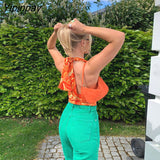 Yipinpay Streetwear Wave Print Deep V Sexy Crop Tops 90s Aesthetics Backless Lace Up Orange Halter Top Vintage Summer Tanks