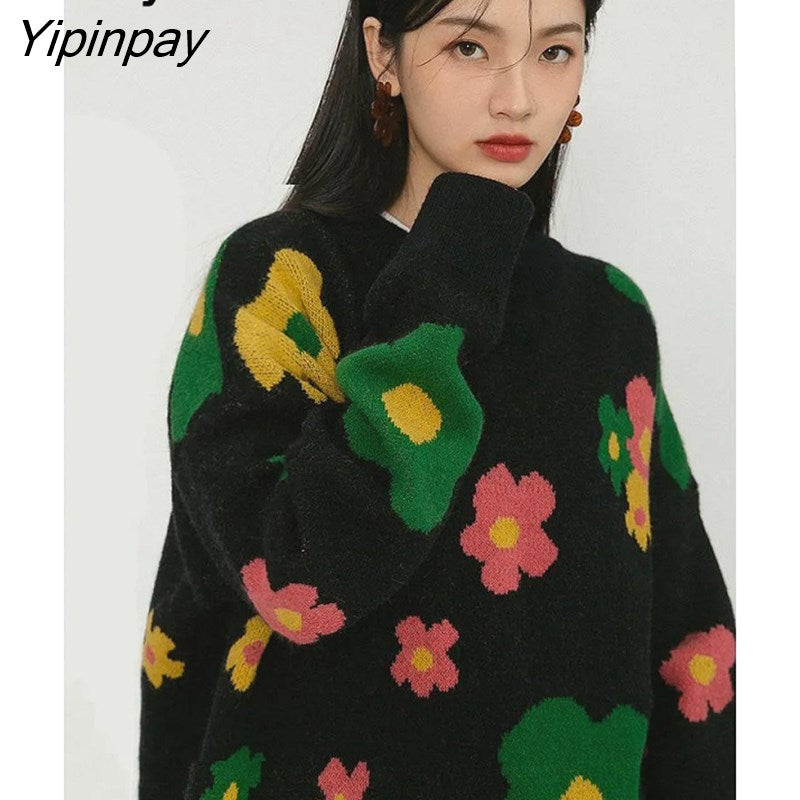 Yipinpay Winter Korean style Floral Embroidery Women Warm Sweater INS Long Sleeve O Neck Knit Ladies Pullover Female Clothing Tops